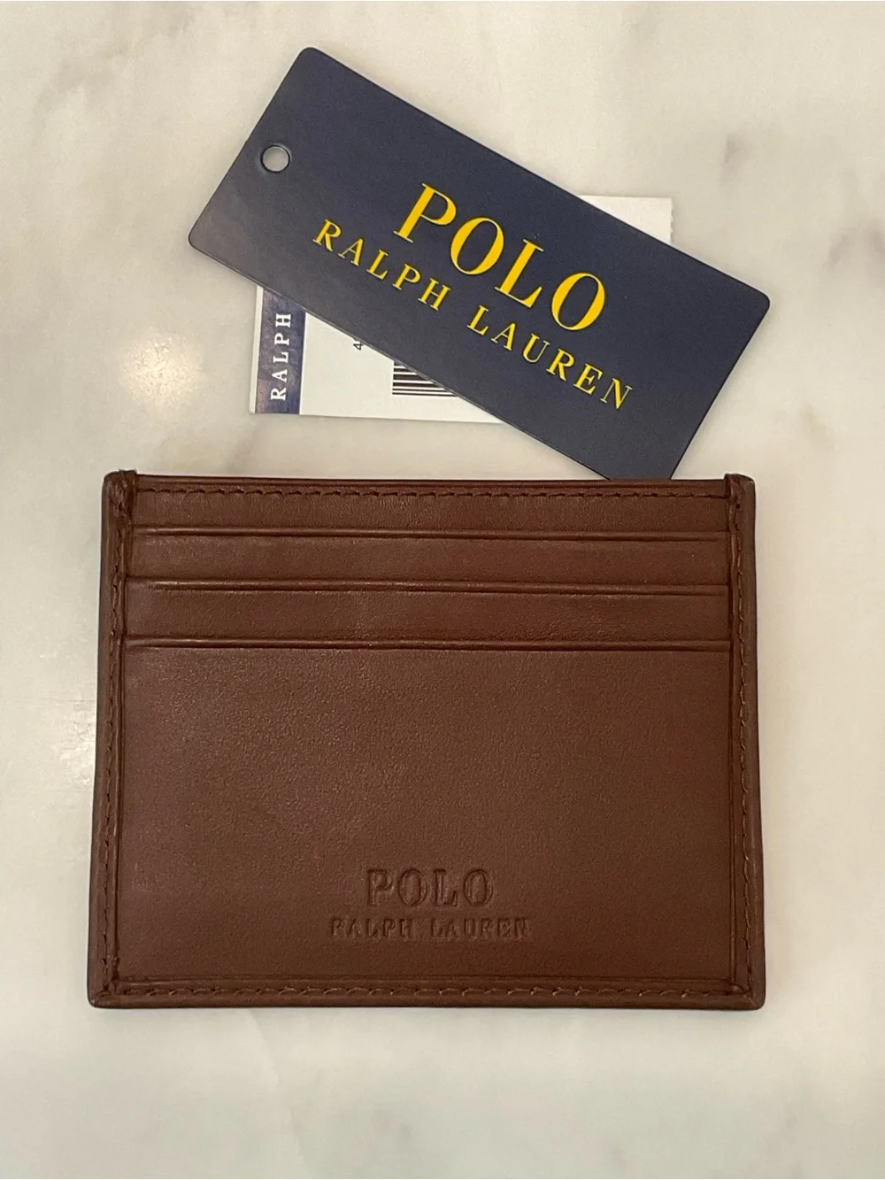 NEW Polo Ralph Lauren COLLEGIATE BEAR Leather Slim Card Case Wallet - BROWN